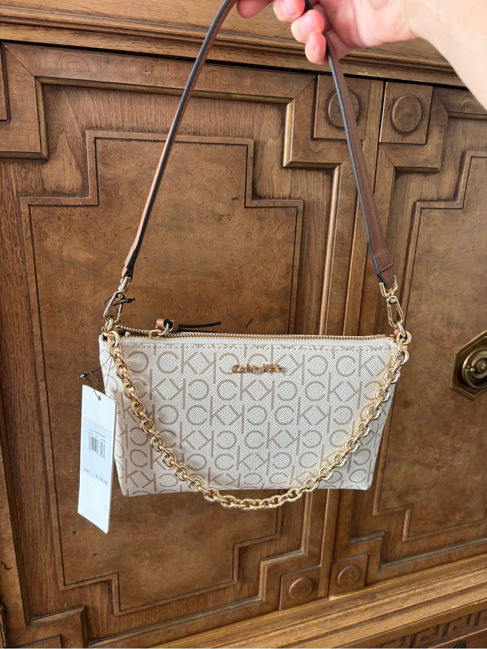 Calvin Klein Beige Monogram Chain-Trim Crossbody Bag